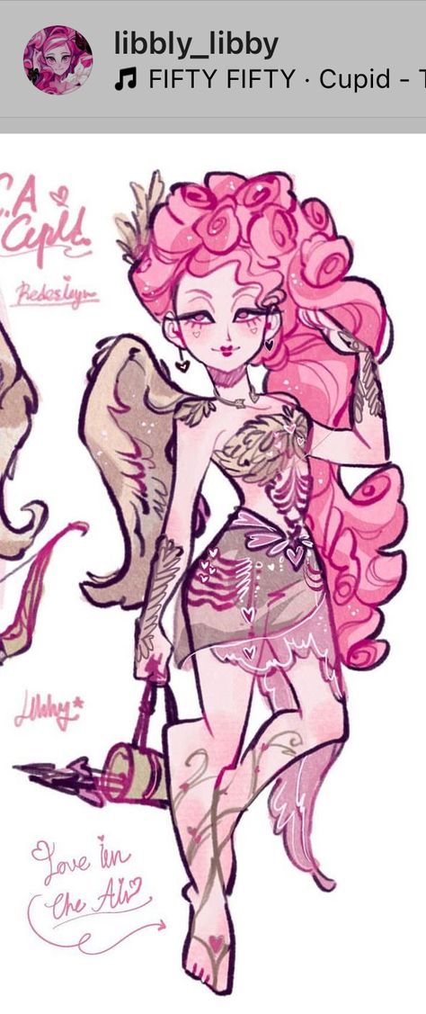 Wing Character Poses, Detailed Outfits Drawing, Cupid Outfit Drawing, Monster High Cupid Fanart, Lovecore Character, Lovecore Character Design, Cupid Drawing Character Design, Wing Pose Reference, Valentine Character Design