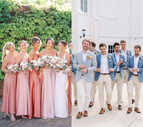 Mix And Match Bridesmaid Dresses Pink And Blue, Blue And Blush Bridesmaid Dresses, Pink Blue Sage Wedding, Pink Bridesmaid Blue Groomsmen, Dusty Blue And Peach Bridesmaid Dresses, Pale Wedding Colors, Sunset Color Palette Wedding Groomsmen, Wedding Party Spring Colors, Shades Of Pink Bridal Party