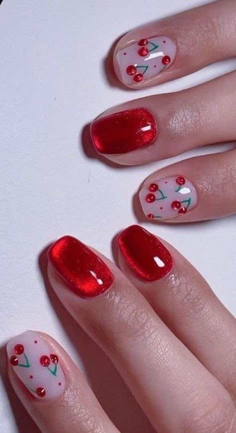 Fruity Nails, Strawberry Nail Art, Strawberry Nails, Unghie Sfumate, Unghie Nail Art, Heart Nail Designs, Nagellack Trends, Cherry Nails, Kawaii Nails