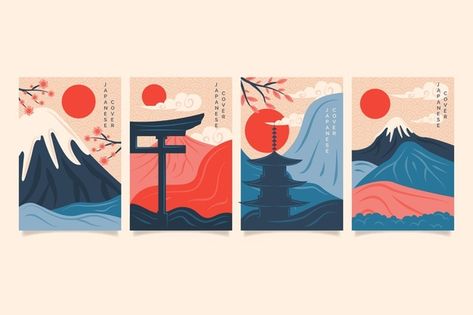 Minimalist japanese cover collection Fre... | Free Vector #Freepik #freevector #abstract #cover #template #retro Procreate Designs, Castle Illustration, Minimalist Japanese, Posca Art, Lazer Cut, Japanese Illustration, Japon Illustration, Painting Inspo, Japanese Graphic Design