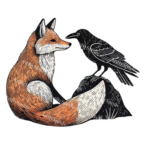 Woodland Animals Illustration, Fox Illustration Drawing, Foxes Illustration, Fox And Crow, Fox With Glasses, Fox In Clothes Illustration, Crow Illustration, Forest Animals Illustration, Fox Winter Illustration