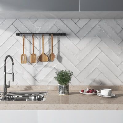 Amazon White Ceramic Wall Tile-Gloss White Herringbone Tile Kitchen, Herringbone Tile Kitchen, White Herringbone Wall, Herringbone Wall Tile, Handmade Tile Kitchen, Slate Cladding, Herringbone Tile Pattern, Black Marble Tile, White Herringbone Tile