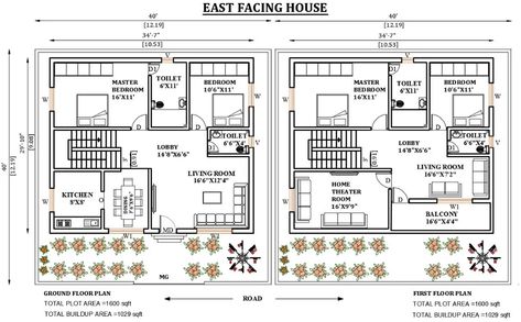 40'X40' East facing 2bhk house plan as per Vastu Shastra,Download Autocad DWG and PDF file. - Cadbull 1600 Sq Ft House Plans, West Facing House, House Plan With Loft, 2bhk House Plan, Wooden Facade, A Frame House Plans, Tiny House Floor Plans, Vastu Shastra, Duplex House