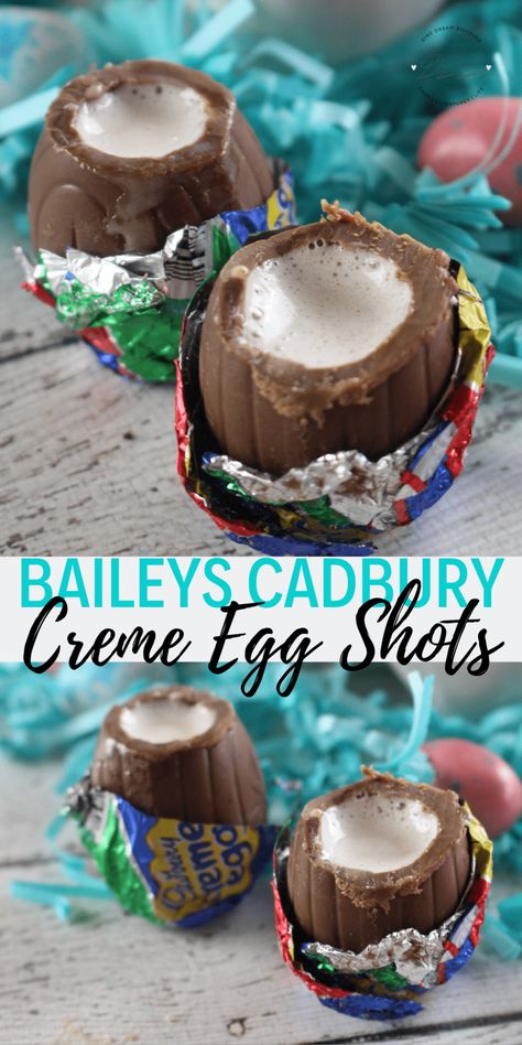 Baileys Cadbury Creme Egg Shots - DINE DREAM DISCOVER Bar Shots, Easter Cocktails, Chocolate Shots, Cadbury Eggs, Cadbury Creme Egg, Boozy Desserts, Baileys Irish, Creme Egg, Baileys Irish Cream