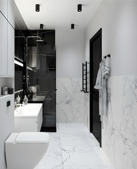 #walldecor #bathdesign #interiordecor #homedecor #interior #bathroomdesign Black And White Washroom Ideas, Tiny Shower Room, Small Bathroom Plans, Bathroom Design Styles, White Marble Bathrooms, Stylish Laundry Room, Luxury Master Bathrooms, Latest Bathroom, Bathroom Decor Luxury