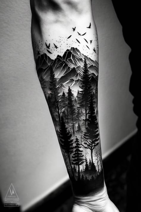 Mens Outdoor Sleeve Tattoo Ideas, Forest Half Sleeve Tattoo, Tattoo Forest Arm, Forest Mountain Tattoo, Damon Tattoo, Nature Sleeve Tattoo For Men, Mens Nature Tattoo, Wilderness Tattoo Sleeve, Forest Arm Tattoo