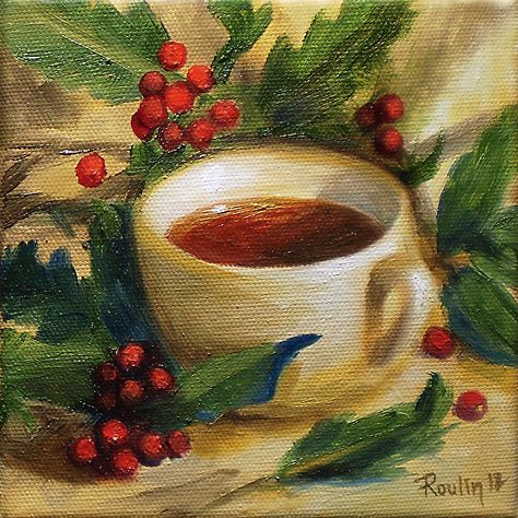 Tea Oil Painting, Christmas Canvas Art, Christmas Paintings On Canvas, Painting Competition, Holiday Painting, Christmas Canvas, Christmas Tea, Oil Painting Flowers, Christmas Drawing