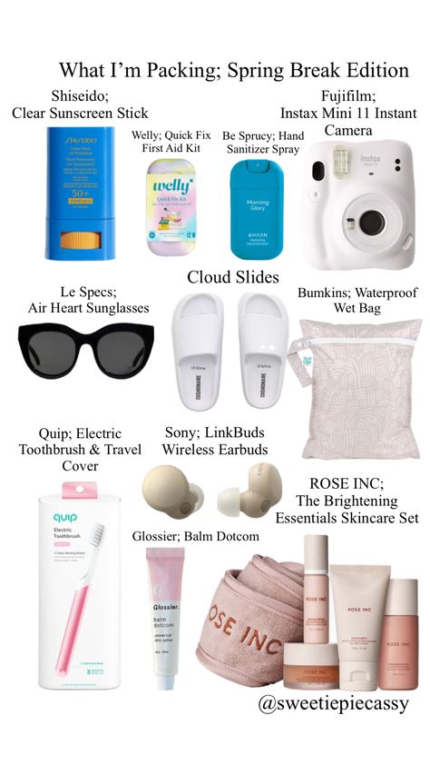 What I’m packing; Spring Break Edition 🎉 #inspo #beach #springbreak #style #aesthetic #moodboards #thatgirl #itgirl #toronto #shopping #followme @sweetiepiecassy Spring Break Accessories, Spring Break Aesthetic, Toronto Shopping, Spring Break Essentials, Spring Break Trips, Sunscreen Stick, Spring Essentials, Heart Sunglasses, Packing List For Travel