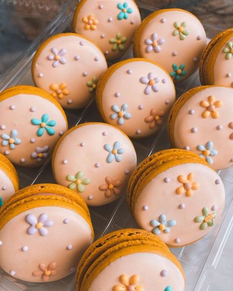 Gabriela Otero on Instagram: "Happy Monday! These macarons came to be after a Cleo and Leo Cookie Co. donation to @willowdvcenter The bidder gave me freedom to create anything I wanted and I used her as the inspiration 🌸" Groovy Macarons, Cookies Drawing, Themed Macarons, Daisies Birthday, Cookie Drawing, Food Pics, Macaroons, 60th Birthday, Cute Food