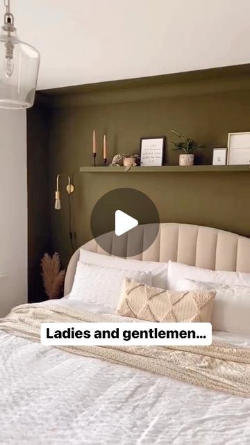 Lick on Instagram: "The perfect olive green paint (if we do say so ourselves), #Green05 Rome House.   Yellow-based with a rich dusky feel, it’s the ideal shade to kick back and relax into.   Cocoon your living room or create a cosy bedroom feature wall, just like @coletteslittlehome did here.   #LickPaint #bedroominspo" Statement Walls Bedroom, Olive Green Paint, Mcm Bedroom, Bedroom Feature Wall, Olive Bedroom, Olive Green Paints, Feature Wall Bedroom, Cosy Bedroom, Statement Wall