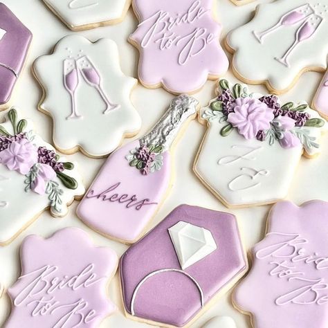 Purple Bachelorette Party, Lavender Engagement, Purple Cookies, Pearl Bridal Shower, Wedding Shower Cookies, Bridal Cookies, Purple Bridal Shower, Bridal Shower Inspo, Wedding Shower Themes