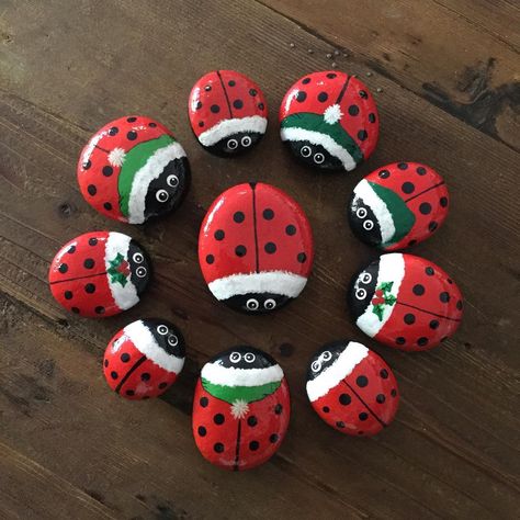 Lory Aucelluzzo on Instagram: “Christmas Lorybugs ❤️ #lorysart #valley_rocks #kindnessrocks #paintedrocksofinstagram” Lady Bug Painted Rocks, Bee Rocks, Ladybug Rocks, Christmas Rocks, Painting Animals, Christmas Rock, Painted Rocks Diy, Holiday Painting, Painted Shells