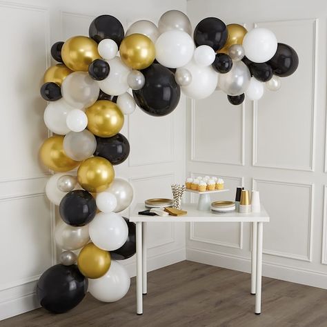 10ft. Black, White, Gray & Gold Balloon Garland by Celebrate It™ | Michaels Black And Gold Party Decorations, Gold Balloon Garland, Senior Graduation Party, Gold Graduation Party, Black And Gold Balloons, Graduation Party Diy, Retirement Party Decorations, Grad Party Decorations, Gold Party Decorations