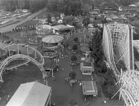 Geauga Lake 1982 - This is a view of Geauga Lake amusement park in happier days. The Big Dipper is at the right, Corkscrew at the left. (Plain Dealer file) Geauga Lake Amusement Park, Abandoned Ohio, The Big Dipper, Abandoned Amusement Park, Ohio Travel, Ohio History, Abandoned Amusement Parks, Big Dipper, Cedar Point