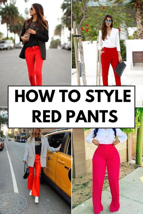 13 What To Wear With Red Pants Chic Style Ideas - Inspired Beauty Red Jeans Outfit Winter, Red Toms Outfit, Red Pants Fall, Red Flare Pants Outfit, Red Pants Outfits, Black Blazer Outfit Work, Red Trousers Outfit, Red Jeans Outfit, Cute Pants Outfits