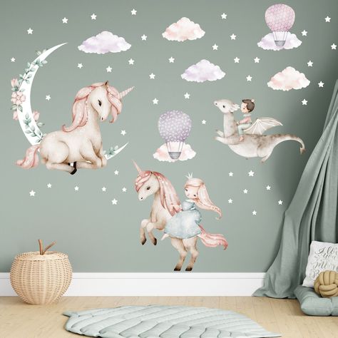 Princess Passenger, Unicorn And Dragon, Dragon Stickers, Unicorn Decal, Dragon Nursery, Stickers Watercolor, Balloon Clouds, Unicorn Nursery