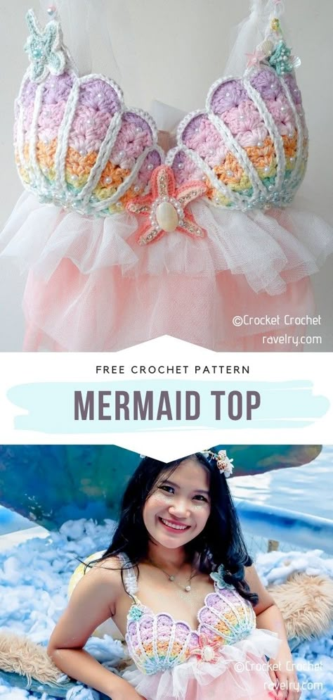 Mermaid Top Free Crochet Pattern Are there any fans of The Little Mermaid among our lovely readers? We have found a real treat for you today! #crochettop #shellstitch #crochetmermaidtop #freecrochetpattern Crochet Fans Pattern, Seashell Crochet Top Pattern, Crochet Sea Shell Top, Crochet Shell Bra Pattern Free, Crochet Shell Bra Cup, Crochet Shell Top Pattern, Crochet Mermaid Top Pattern Free, Free Crochet Costume Patterns, Crochet Mermaid Top Pattern