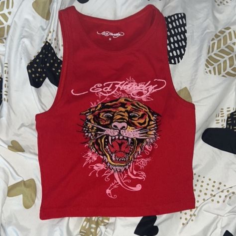 ed hardy red tiger tank Ed Hardy Tank Top, Ed Hardy Top, Ed Hardy Shirt, Tiger Tiger, Tiger Tank, Hoodie Aesthetic, Red Tiger, 2000s Fashion Outfits, Red Tank Tops