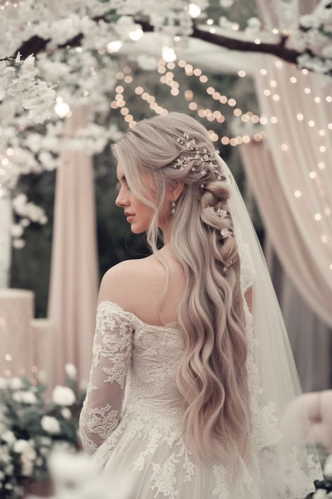 Discover the beauty of elegant wedding hairstyles that perfectly complement a stunning veil. This romantic updo features soft curls gracefully pinned to the side, allowing delicate strands to cascade gently down your back. Topped with an intricate veil, this style not only enhances your bridal look but also adds an air of sophistication. Embrace the magic of your special day with this enchanting hairstyle choice. #weddinghairstyles Intricate Veil, Elegant Wedding Hairstyles, Hairstyles With Veil, Romantic Updo, Elegant Wedding Hair, Wedding Hairstyles With Veil, Winter Party, Soft Curls, Bridal Look