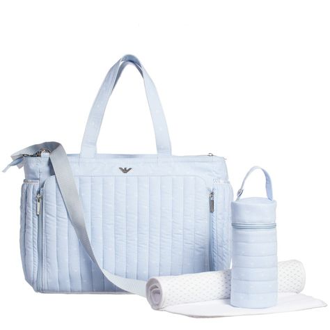 Armani Baby, 3 piece, changing bag with thermal bottle bag and changing mat, in a blue and white striped logo pattern. The changing bag has one main zip fastened compartment with 5 pouches and 4 exterior pouches. The bag has carry handles and an adjustable shoulder strap which can be used to attach it to a buggy. The bottle bag fastens with a zip and has a popper on the handle to attach to a buggy. The softly padded changing mat has a wipe clean surface with a soft towelling underside.  Meas... Baby Bottle Set, Armani Shop, Armani Kids, Mothers Bag, Logo T Shirts, Thermal Bottle, Baby Changing Bags, Dress Classy, Changing Mat