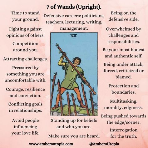 From the suit of wands within the Tarot card deck, the 7 of Wands, or 7 of Rods, describes boundaries, conviction, judgements and defensiveness in regards to other people's opinions and personal beliefs. This is a territorial card that expresses the idea that some people are trying to stand up for what they believe in and their differences, as well as morals and what is right and wrong.

#7ofWands #SevenofWands #SuitofWands #TarotCardMeaning Knight If Swords Tarot Meaning, Knights Of Swords Tarot Meaning, Knights Tarot Meaning, Tarot Knight Of Swords, Knight Of Swords Tarot Meaning Reversed, Knights In Tarot, 8 Of Swords Tarot Meaning, King Of Swords Tarot Meaning, Knight Of Pentacles Tarot Meaning