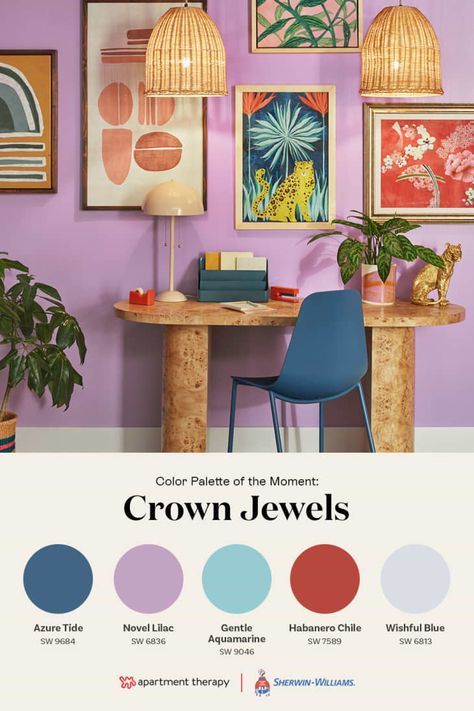 Jewel Colours Bedroom, Bold Interior Paint Colors, Fun Wall Colors, Dopamine Decor Color Palette, Color Harmony Interior Design, Colourful Bedroom Ideas, Bold Wall Colors, Purple And Blue Room, Maximalist Color Palette