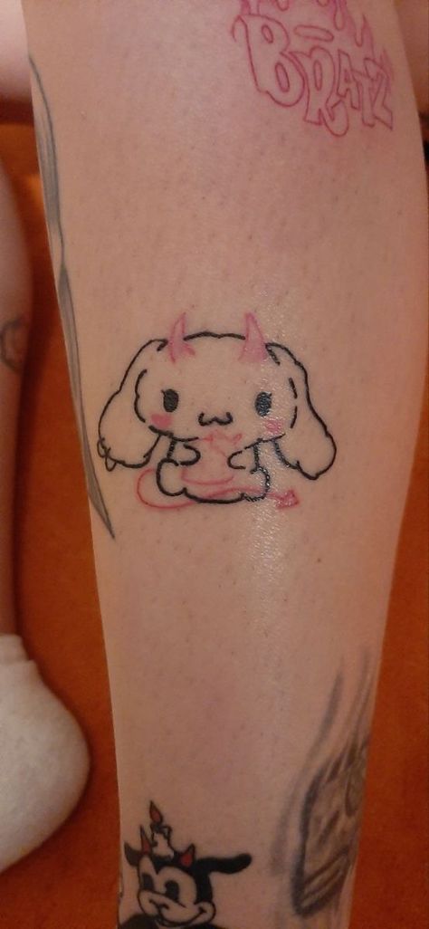 Aesthetic Simple Tattoo Ideas, Cute Small Pokemon Tattoo, Cute Hello Kitty Tattoo Ideas, Pink Hello Kitty Tattoo, Hello Kitty Chest Tattoo, Cute Kawaii Tattoos, Cute Sanrio Tattoos, Oshawott Tattoo, Cute Pink Tattoos