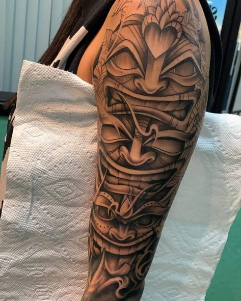 Top 63 Best Tiki Tattoo Ideas-[2021 Inspiration Guide] Tiki Sleeve Tattoo, Tiki Totem Tattoo, Maui Tattoo For Men, Tiki Head Tattoo, Tropical Tattoo For Men, Tiki Tattoo Hawaiian, Hawaiian Tiki Tattoo, Hawaiian Tattoo For Men, Tiki Mask Tattoo