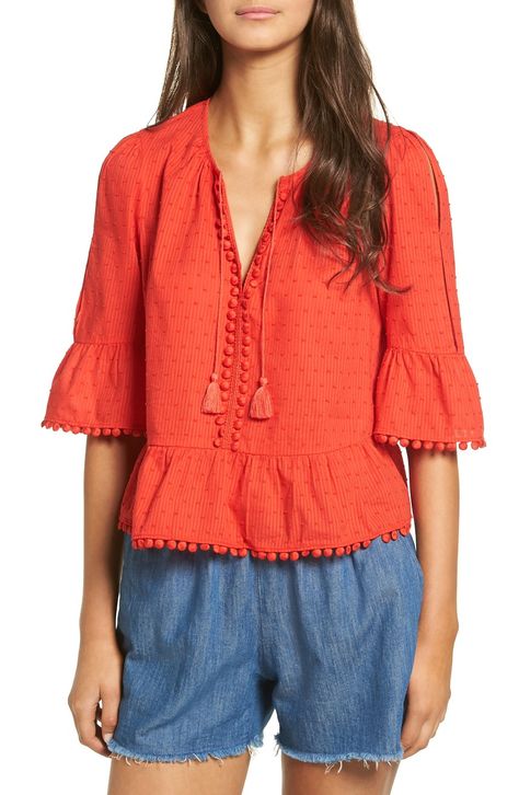 My Post Pregnancy Spring Wishlist | Lows to Luxe Red Bell Sleeve Top, Madewell Style, Flared Sleeves Top, Striped Tie, Front Tie Top, Cotton Blouses, Cotton Tops, Spring Outfit, Spring Outfits