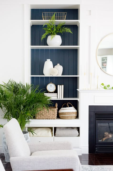 Blue painted shelves in the family room White Shelves, Built In Shelves, Modern Country, Lounge Room, Book Shelf, Southern Living, Blue Paint, Shelf Decor, Built Ins