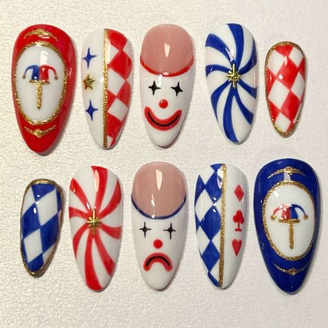 Clown Nails, Circus Nails, Nail Halloween, Halloween Nail Art Ideas, Kawaii Nail Art, Band Nails, Art Deco Nails, Anime Nails, Edgy Nails