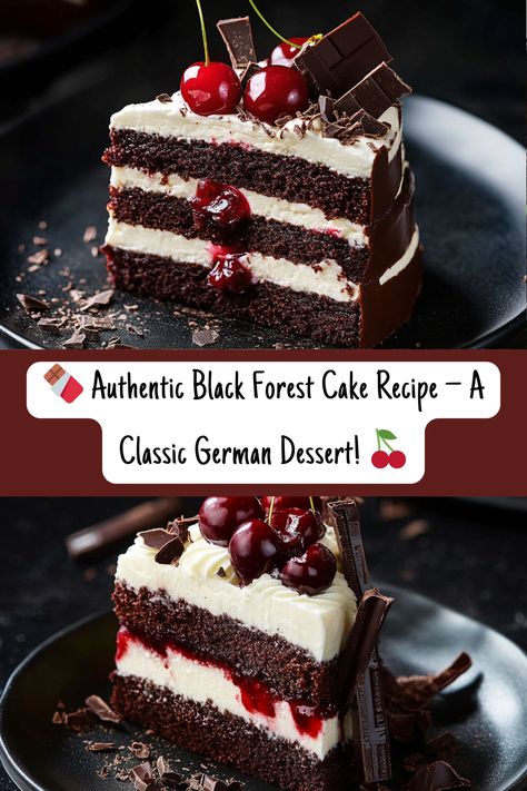 Indulge in the best German Black Forest Cake Recipe 🍒🍫! This Swiss Chocolate Cake is layered with rich chocolate sponge, cherry filling, and fluffy whipped cream for a truly authentic German dessert experience. Perfect for special occasions, this European dessert is a must-try! Save this Cake Homemade recipe today! #BlackForestCake #GermanDesserts #EuropeanDesserts Swiss Chocolate Cake, German Black Forest Cake, Dessert With Chocolate, German Dessert, Black Forest Cake Recipe, German Black Forest, Cake Cherry, German Desserts, Cake Homemade