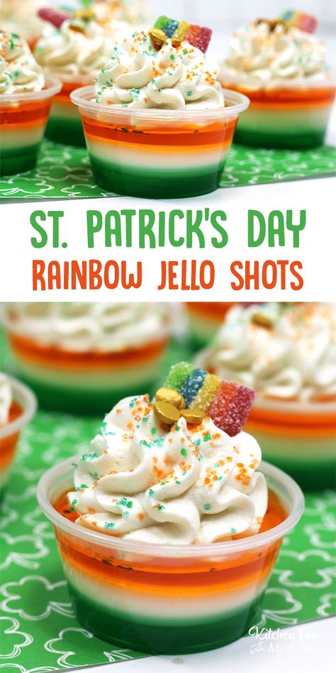 Rainbow Jello Shots, St Patrick's Day Appetizers, St Patricks Food, Rainbow Jello, St Patricks Day Drinks, Irish Desserts, Jelly Shots, Jello Shot, Pudding Shots