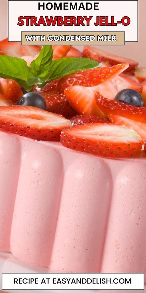 Close up of Homemade Strawberry Jell-O in a platter. Condensed Milk Jello Recipe, Milk Jello, Recipe With Condensed Milk, Condensed Milk Desserts, Chocolate Flan, Jello Desserts, Condensed Milk Recipes, Cake Pop Recipe, Jello Recipes