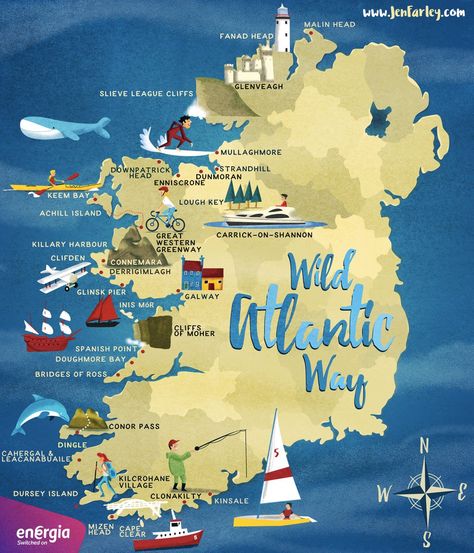 Backpack Illustration, Wild Atlantic Way Ireland, Backpacking Ireland, Ireland Weather, Ireland Road Trip, Dublin Ireland Travel, Illustrated Maps, Ireland Itinerary, Ireland Map