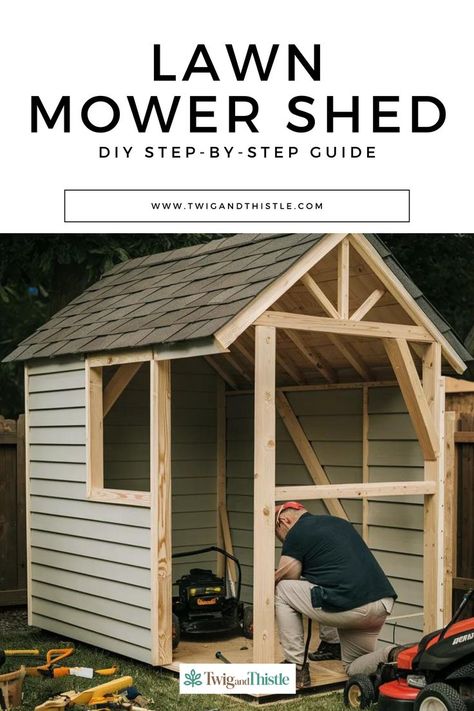 Keep your lawn mower safe and secure with a dedicated lawn mower shed! This DIY guide from Twigandthistle.com provides a step-by-step approach to building a functional lawn mower shed. Discover space-saving ideas like a lean-to shed against house for outdoor storage. Explore options for incorporating a lawn mower ramp for shed for easy access. Visit Twigandthistle.com and create the perfect home for your lawn mower with a DIY lawn mower shed project! Shed For Lawn Mower, Riding Mower Shed Ideas, Riding Lawnmower Storage Ideas, Mower Ramp For Shed, Pallet Lawn Mower Shed, Shed Ramp, Lean To Shed, Diy Lawn, Diy Step By Step