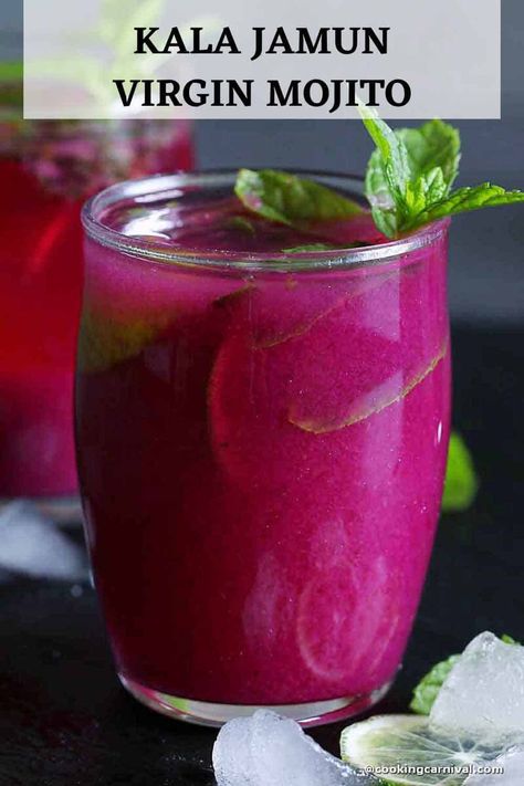 If you want to add festival vibes to your upcoming party, include this Smoky Jamun Mojito in your menu! Jamun Pulp, fresh mint, and lemon jazzed up with sparkling water is an absolute knockout welcome drink. This non-alcoholic mojito recipe will be a hit with kids and adults alike. There are so many flavors from the healthy ingredients in this mojito virgin mocktail and they’re super easy to make for a crowd. #virginmojito #kalajamun #partydrink #noalcohol Non Alcoholic Mojito, Easy Drinks To Make, Virgin Drinks, Virgin Mojito, Mojito Mocktail, Mojito Recipe, Welcome Drink, Party Menu, Blueberry Recipes