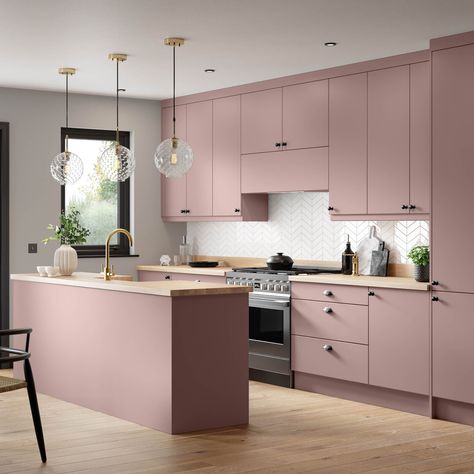 Premium Kitchens' Ethos range can revive your outdated kitchen cabinets, with cabinet doors available in a wide range of sizes and colours to suit your needs. Olive Green And Pink Kitchen, Pastel Pink Kitchen Cabinets, Pink And Sage Kitchen, Dusty Pink Kitchen Cabinets, Rose Kitchen Cabinets, Dusky Pink Kitchen, Dusty Rose Kitchen, Soft Pink Kitchen, Small Modular Kitchen Ideas