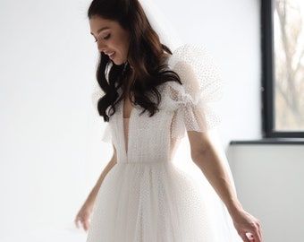 Wedding Dress Rehearsal, Dot Wedding Dress, Polka Dot Wedding Dress, Retro Wedding Dresses, Rehearsal Dinner Dress, Wedding Event Dresses, Jade Dress, Second Wedding Dresses, Tulle Mini Dress