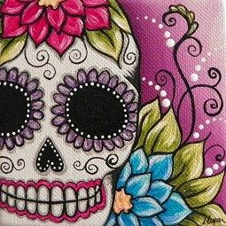 acrylics 4x4 canvas www.facebook.com/meganksuarezfineart Sugar Skull Crafts, Sugar Skull Painting, Sugar Skull Artwork, Den Mrtvých, Skull Crafts, Day Of The Dead Art, Skull Pictures, Candy Skulls, Architecture Tattoo