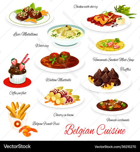 Coffee Parfait, Meat Soup, Belgium Food, Belgian Cuisine, Herbs Illustration, Belgian Food, Smoked Meat, Meatball Recipes, Truffles