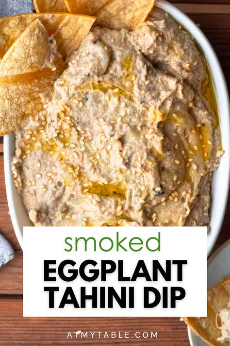 Authentic smokey flavorful eggplant tahini dip! An easy smoked eggplant recipe that is packed with flavor and can be enjoyed in so many ways, even for eggplant skeptics! Eggplant Tahini, Eggplant Dip Recipes, Smoked Eggplant, Oven Roasted Eggplant, Babaganoush Recipe, Tahini Dip, Roasted Eggplant Dip, Healthy Eggplant, Homemade Tahini