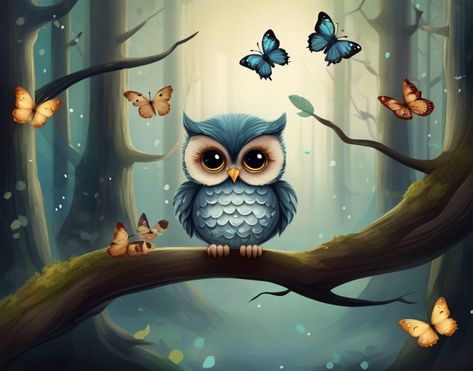 Discover the enchanting forest realm of a cute blue owl, where pretty butterflies flutter around in a mesmerizing dance. Immerse yourself in this magical scene and let nature's beauty captivate your heart. #BlueOwl #Butterflies #ForestMagic #NatureWonder #EnchantingScene Owl And Butterfly, Pretty Butterflies, Enchanting Forest, Blue Owl, Owl Art, Nature Beauty, Tree House, Owls, Enchanted