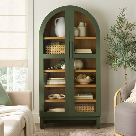 Better Homes & Gardens Juliet Arch Cabinet, Deep Green Finish - Walmart.com Cabinet For Blankets Storage Ideas, Jade Green Furniture, Cabinet In Front Of Window Living Room, Tall Hutch Cabinet, Round Top Bookshelf, Storage In Small Living Room, How To Style The Top Of An Armoire, Walmart Arched Cabinet, Free Standing Cabinets Next To Fireplace