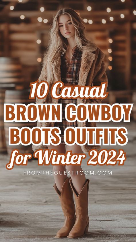 a woman wears casual brown cowboy boots outfit for winter, western outfits Jumpsuit With Boots Western, Brown Leather Cowboy Boots Outfit, Mid Calf Moto Boots Outfit, Winter Outfits Cowgirl, Outfits To Wear In Texas, Black Jeans Cowboy Boots Outfit, Winter Tall Boots Outfit, Women’s Casual Outfit With Cowboy Boots, Roper Boots Women's Outfit