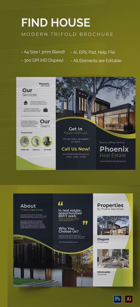 Find House Trifold Brochure Template AI, EPS, PSD House Brochure Design, Real Estate Trifold Brochure Design, Trifold Graphic Design, Modern Trifold Brochure Design, Real Estate Trifold Brochure, Brochure Design Layout Creative, Brochure Creative Design, Property Brochure Design, Bank Brochure