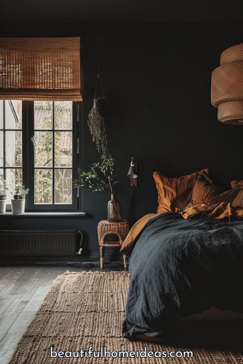 Black Bedroom With Accent Wall, Wallpaper Bedroom Feature Wall Boho, Black Bed In Bedroom, Black Wall Bedroom Decor, Black Bedroom Walls Inspiration, Dark Earthy Bedroom Aesthetic, All Black Room Aesthetic, Black Moody Bedroom, Black Bed Decor Ideas