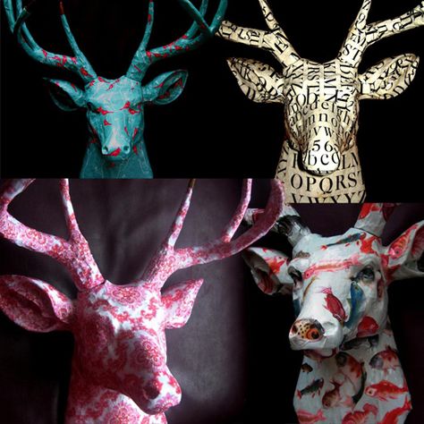 Faux Taxidermy Diy, Paper Mache Deer Head, Paper Mache Animal Head, Faux Animal Head, Stags Head, Deer Heads, Paper Mache Animals, Antler Wall, Paper Mache Sculpture