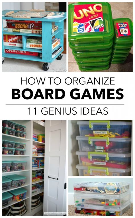 11 Ways To Finally Get All Your Games Organized Storage Ideas For Games, Organizing Gaming Systems, Craft And Game Closet Organization, Board Games Organization Ideas, Small Loft Game Room Ideas, Organize Games In Closet, Daycare Toy Storage, Organizing Game Closet, Organize Game Closet