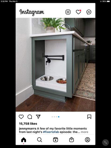 Dog Station In Cabinet, Integrated Dog Bowl Kitchen, Dog Bowl Ideas In Kitchen, Dog Pot Filler Station, Dog Food Storage Kitchen Island, Dog Bowl Built In Island, Dog Food Station In Island, Dog Feeding Station In Cabinet, Dog Food Storage Built In